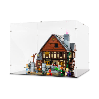 Angled view of LEGO 21341 Disney Hocus Pocus The Sanderson Sisters' Cottage Display Case.