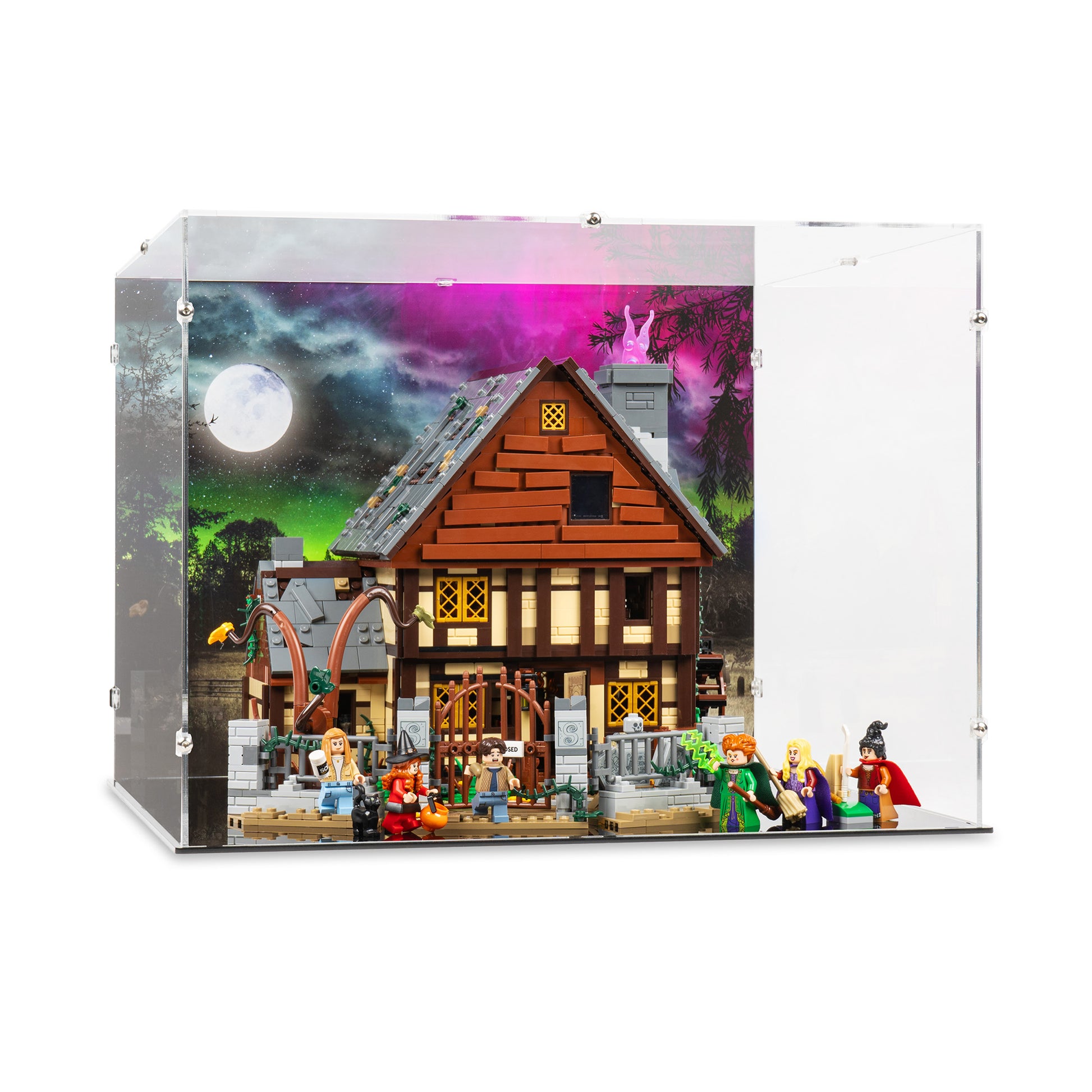 Angled view of LEGO 21341 Disney Hocus Pocus The Sanderson Sisters' Cottage Display Case with a UV printed background.