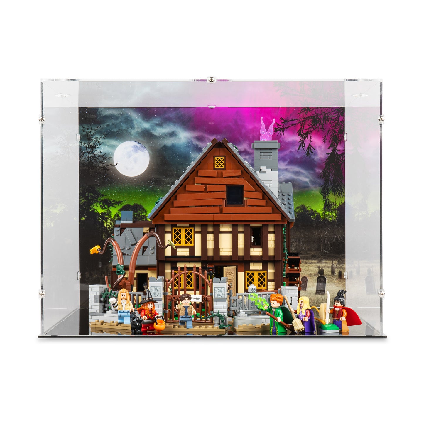 Front view of LEGO 21341 Disney Hocus Pocus The Sanderson Sisters' Cottage Display Case with a UV printed background.