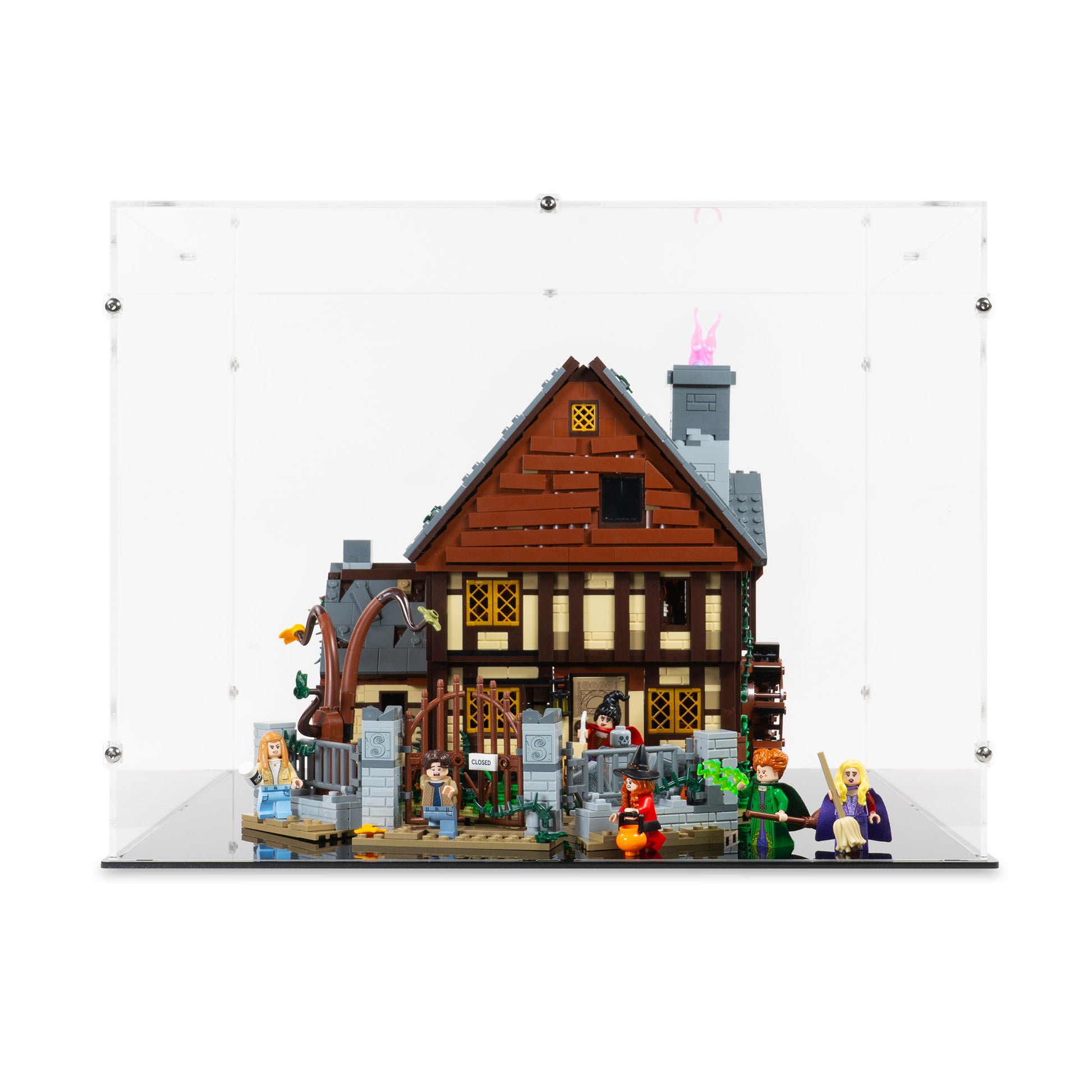 Front view of LEGO 21341 Disney Hocus Pocus The Sanderson Sisters' Cottage Display Case.
