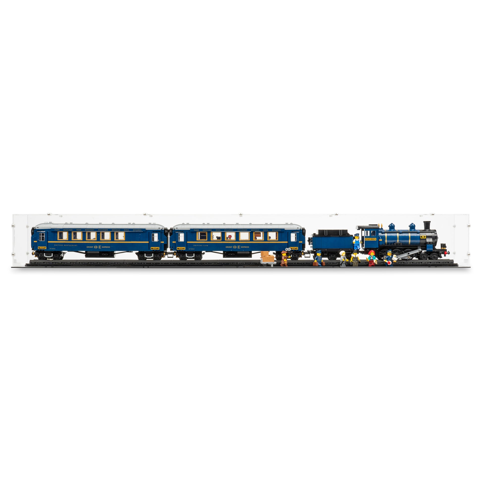 Front view of LEGO 21344 The Orient Express Train Display Case.