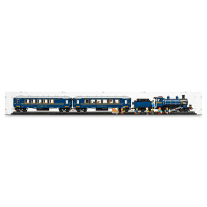 Front view of LEGO 21344 The Orient Express Train Display Case.