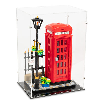 Angled top view of LEGO 21347 Red London Telephone Box Display Case.
