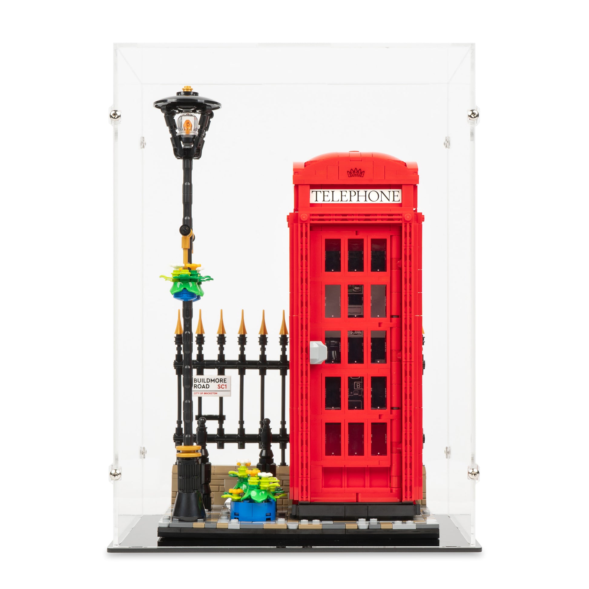 Front view of LEGO 21347 Red London Telephone Box Display Case.