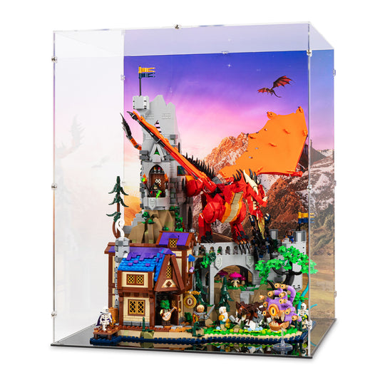 Angled view of LEGO 21348 Dungeons and Dragons Red Dragon's Tale Display Case with a UV printed background.