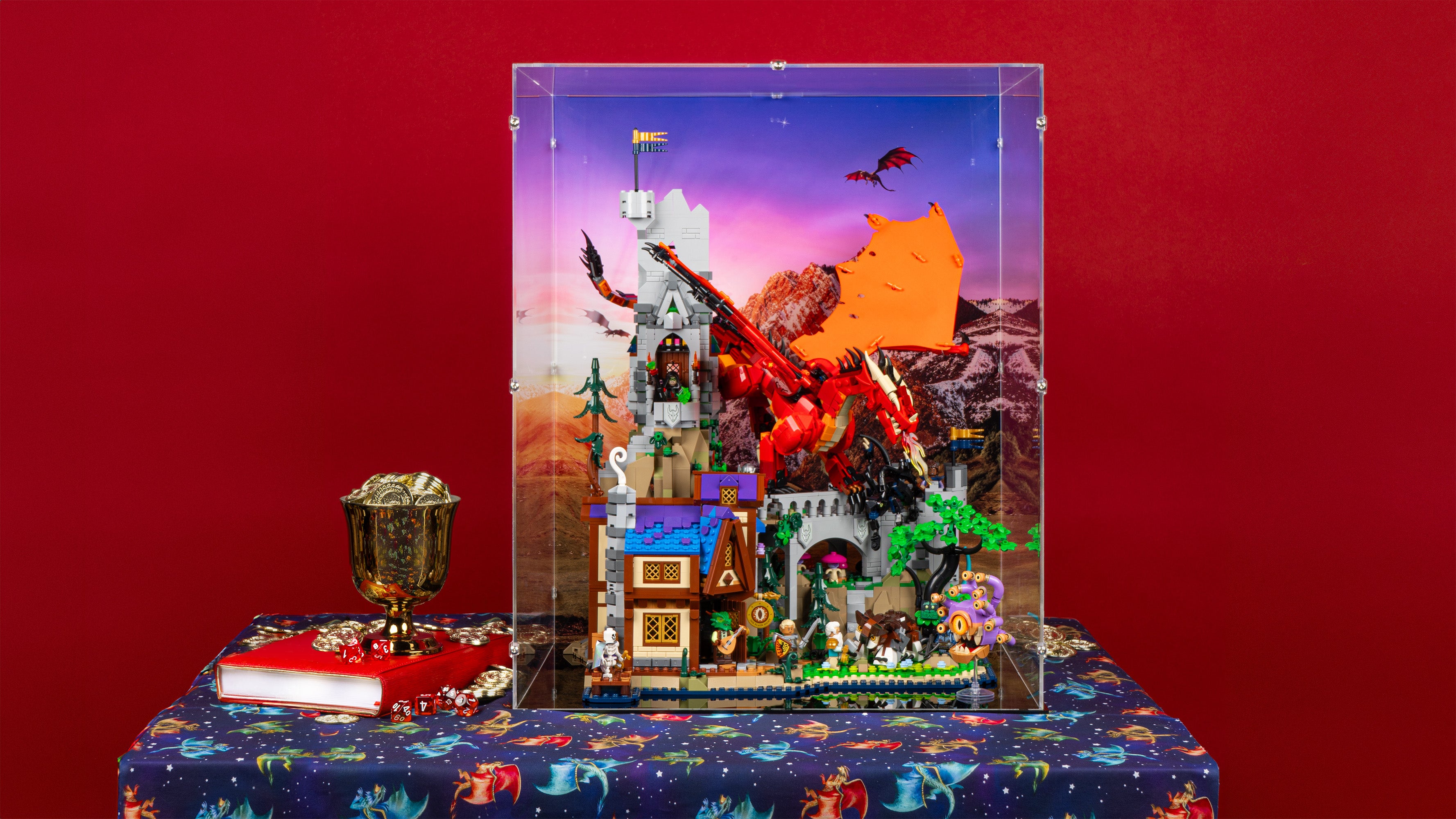 LEGO 21348 Dungeons and Dragons Red Dragon's Tale Display Case with a UV printed background.