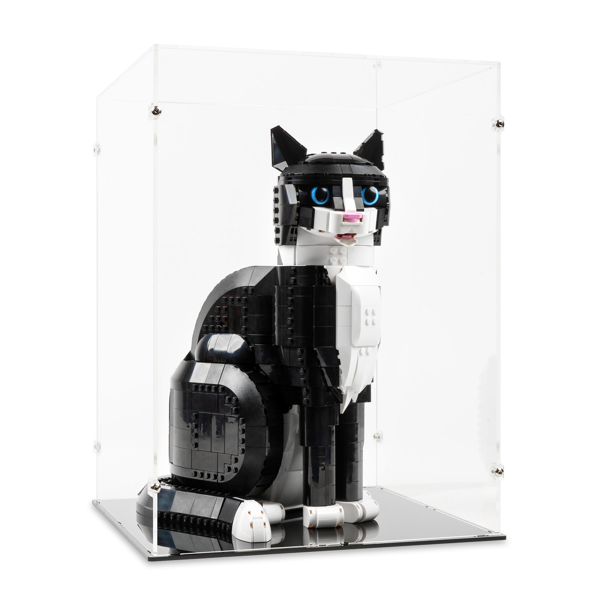 Angled view of LEGO 21349 Tuxedo Cat Display Case.