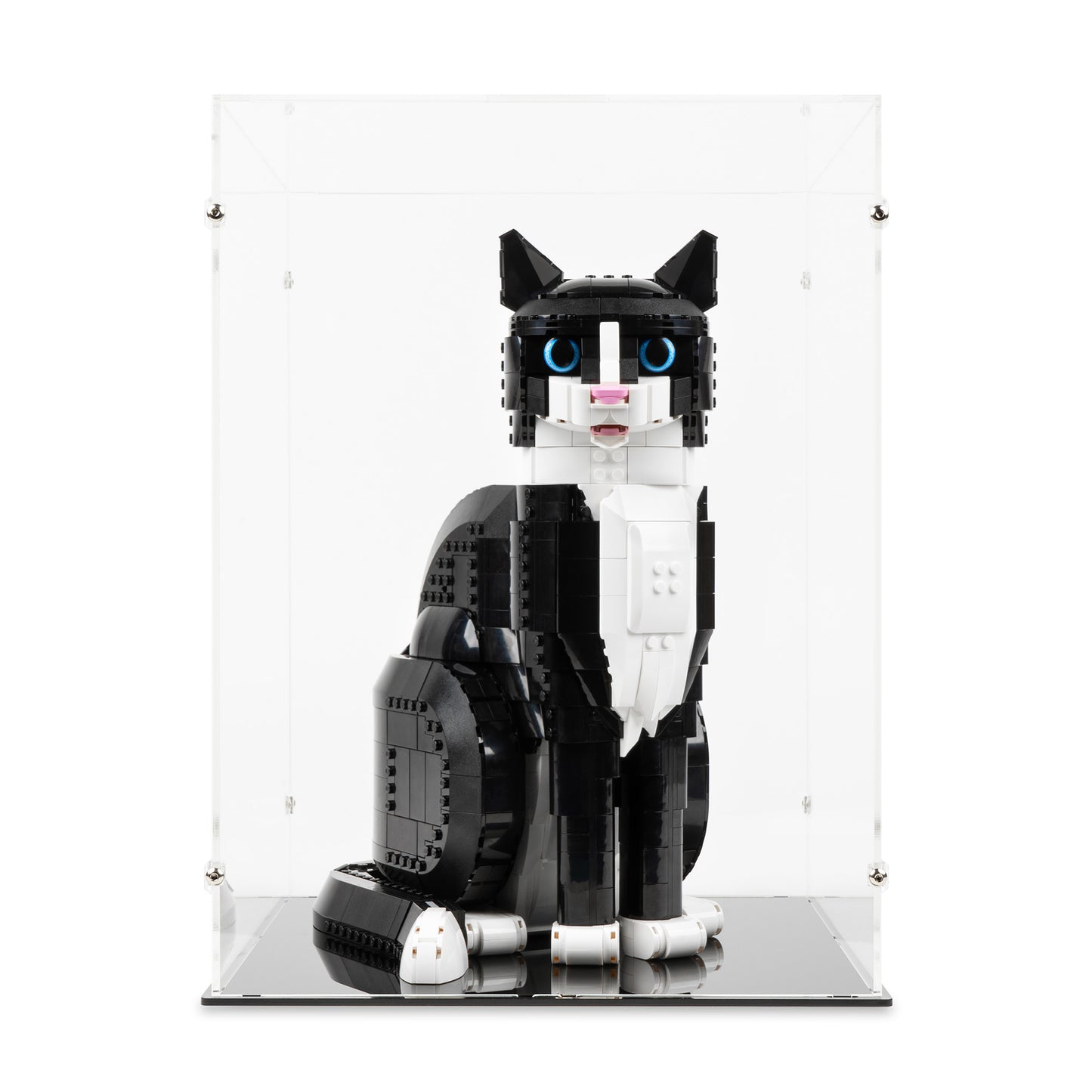 Front view of LEGO 21349 Tuxedo Cat Display Case.