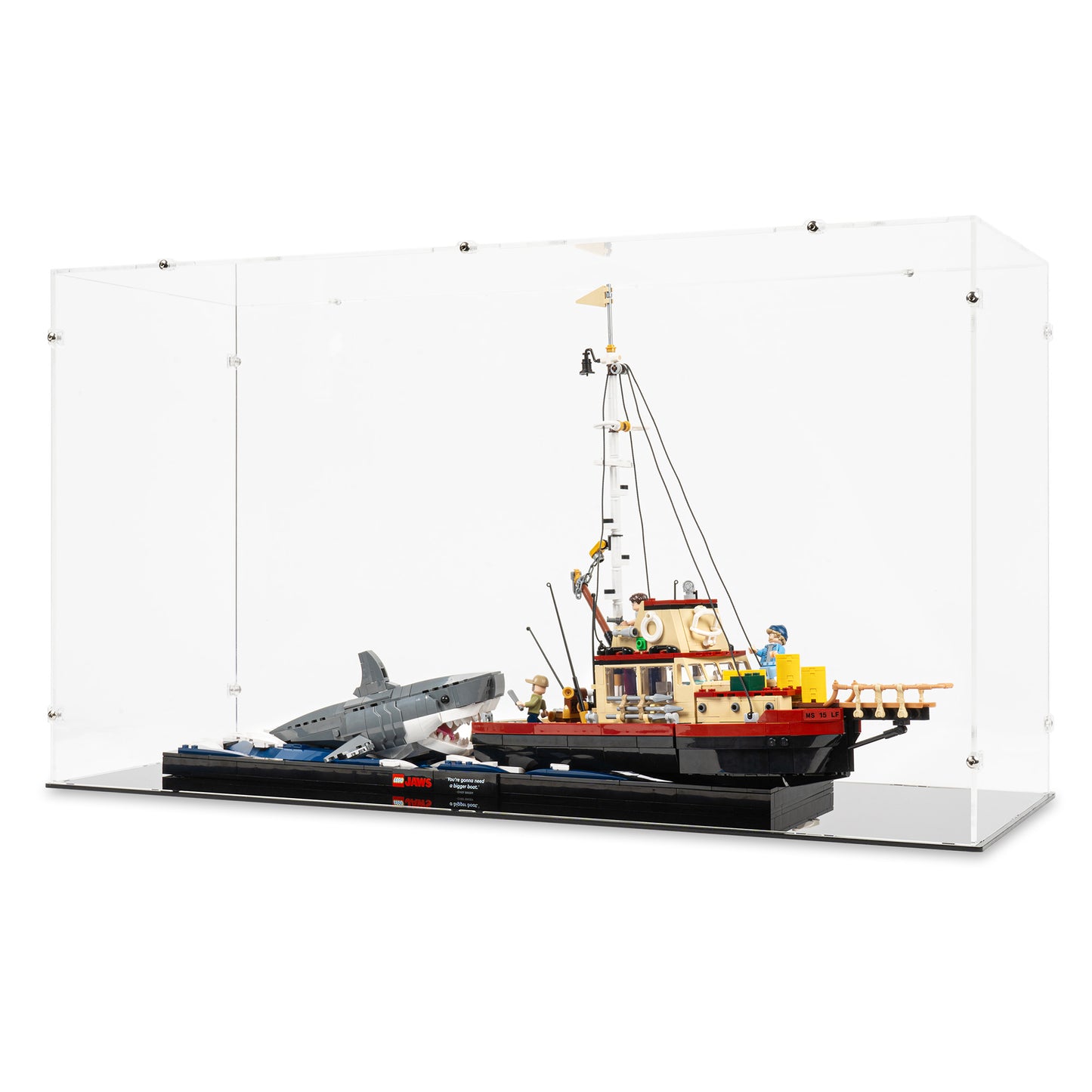 Angled view of LEGO 21350 Jaws Display Case.