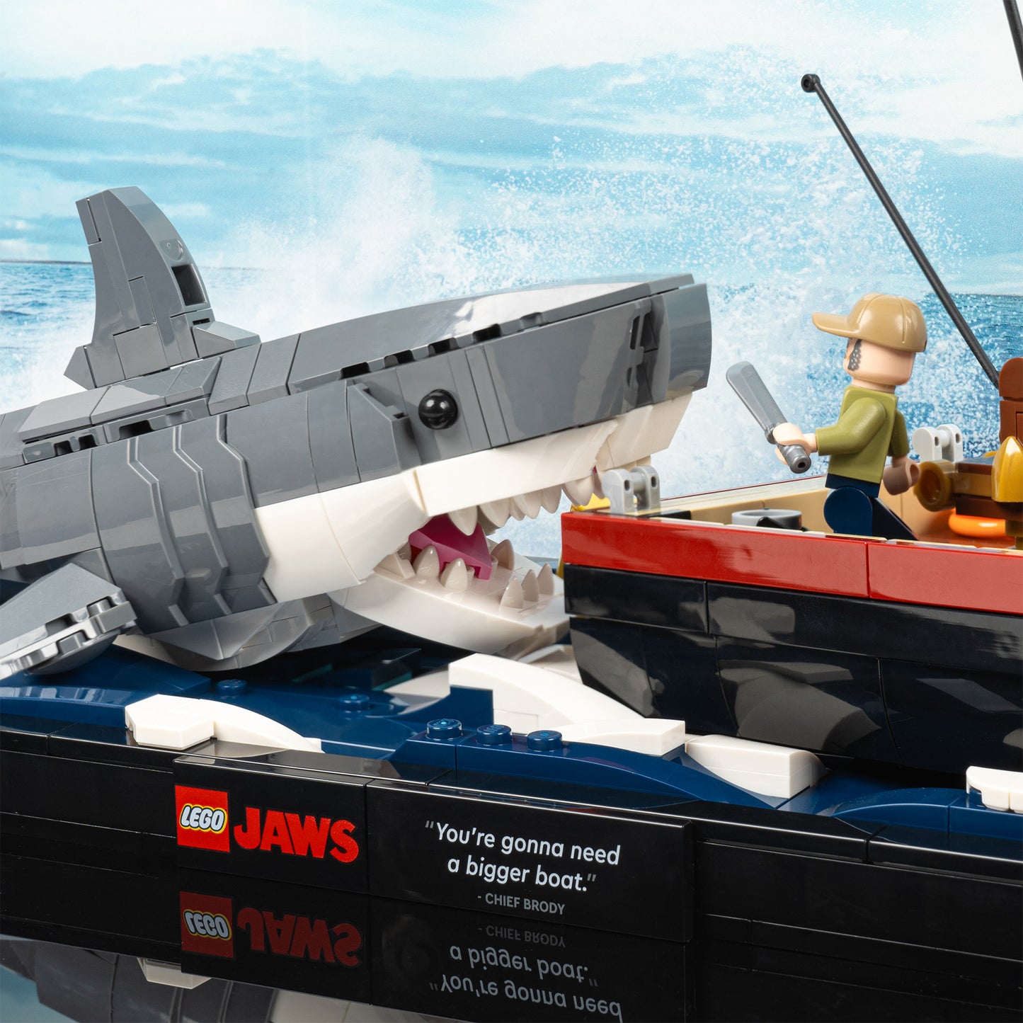 Bruce detail view of LEGO 21350 Jaws Display Case with a UV printed background.