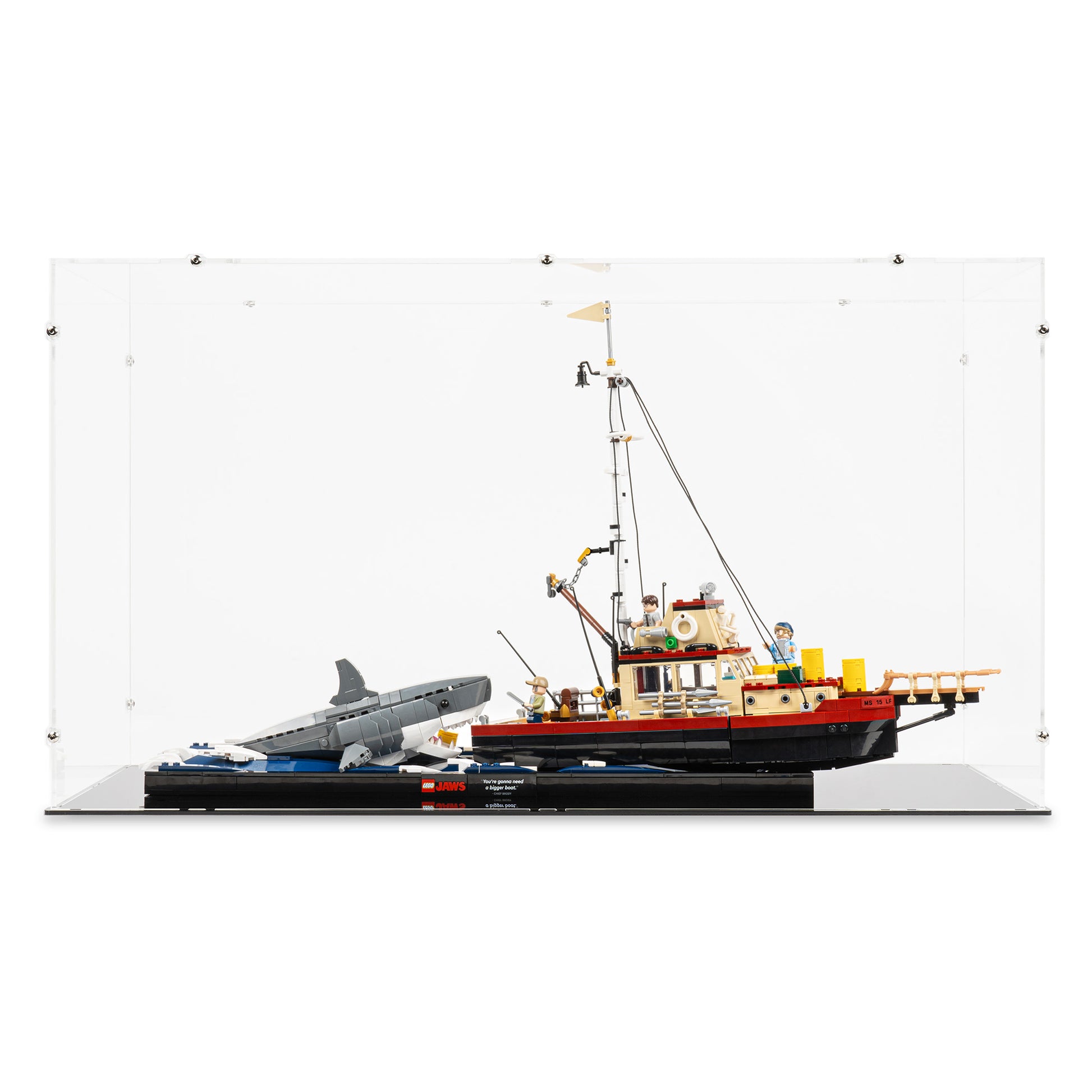 Front view of LEGO 21350 Jaws Display Case.