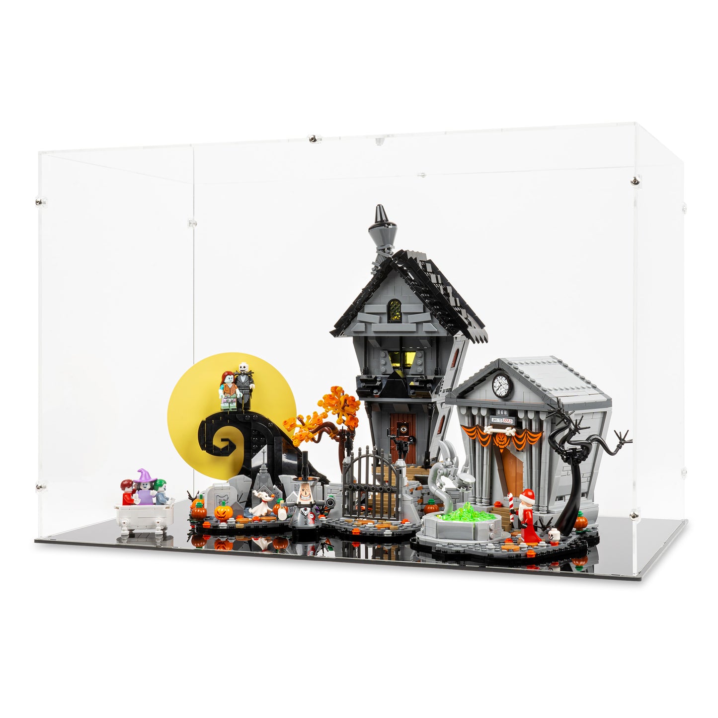 Angled view of LEGO 21351 Disney Tim Burton's The Nightmare Before Christmas Display Case.