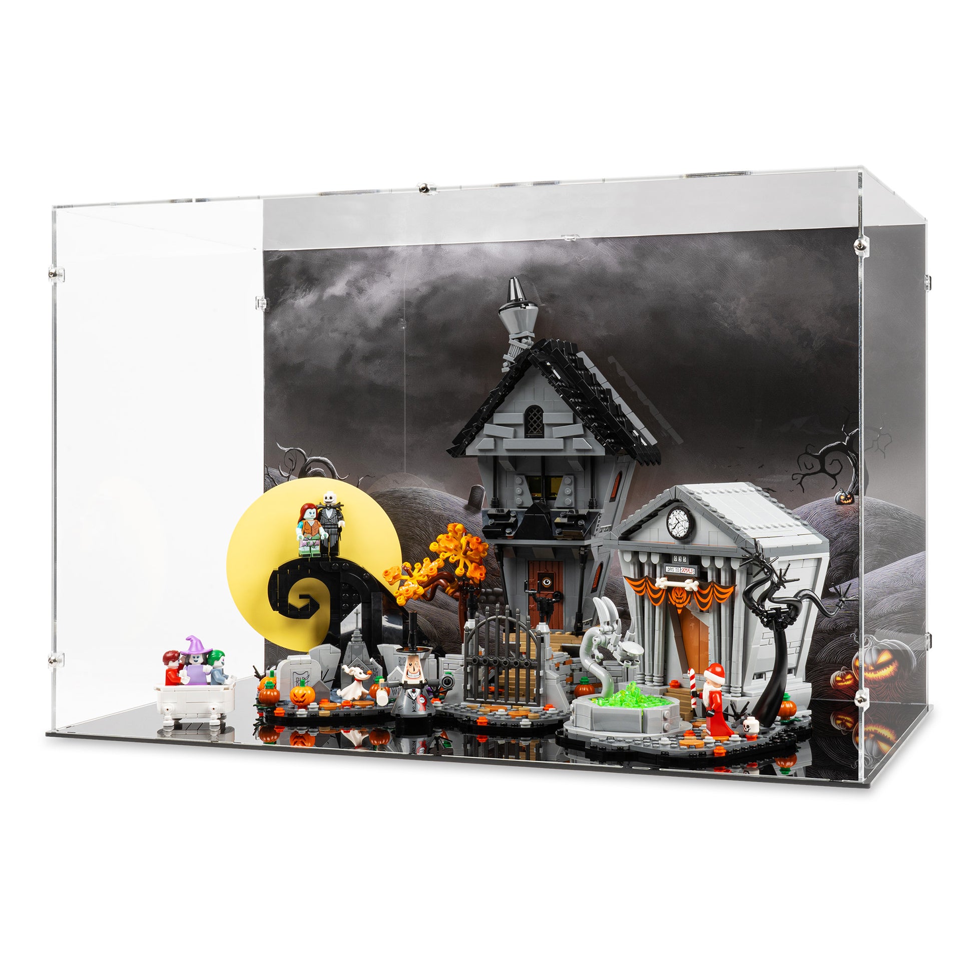 Angled view of LEGO 21351 Disney Tim Burton's The Nightmare Before Christmas Display Case with a UV printed background.