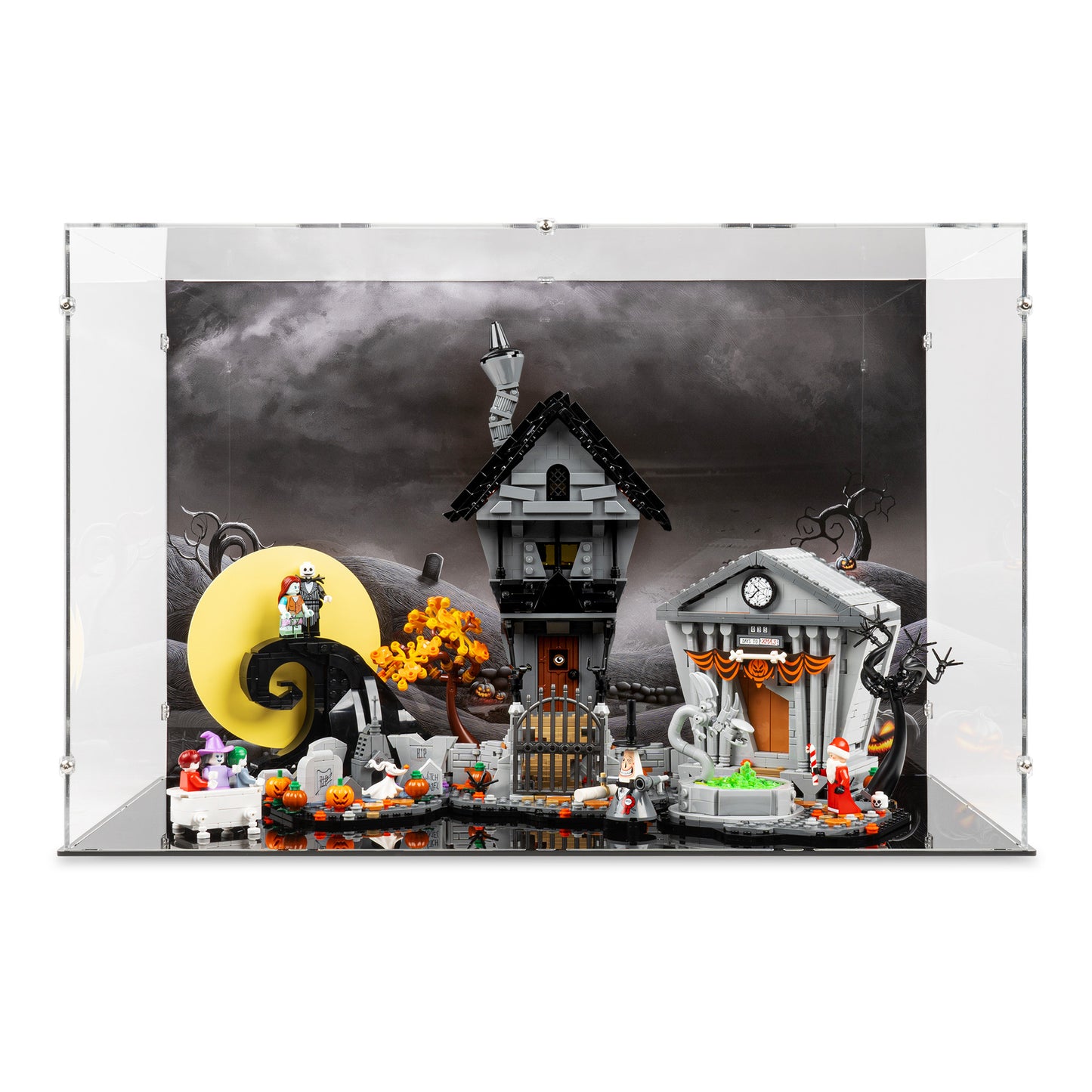 Front view of LEGO 21351 Disney Tim Burton's The Nightmare Before Christmas Display Case with a UV printed background.