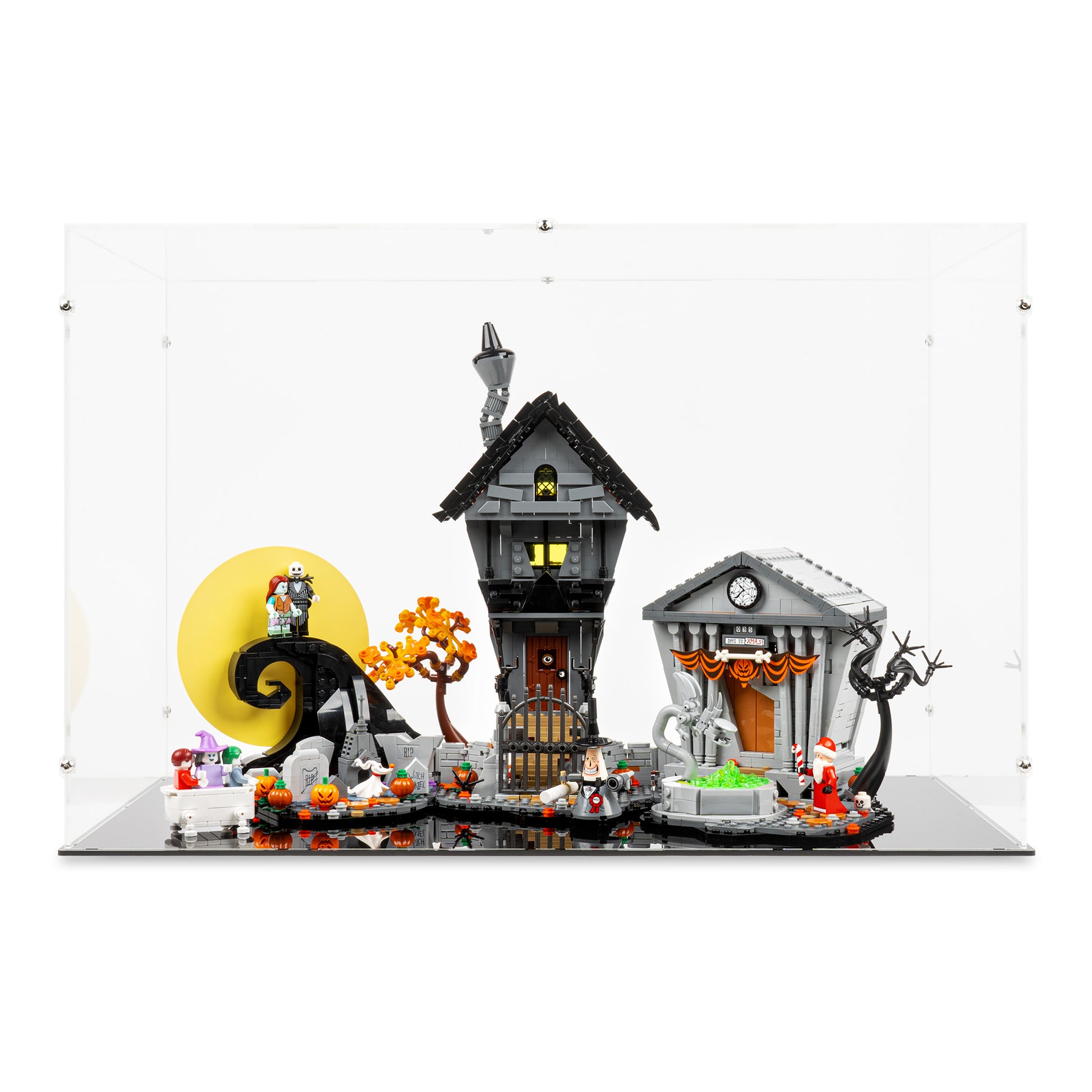 Front view of LEGO 21351 Disney Tim Burton's The Nightmare Before Christmas Display Case.