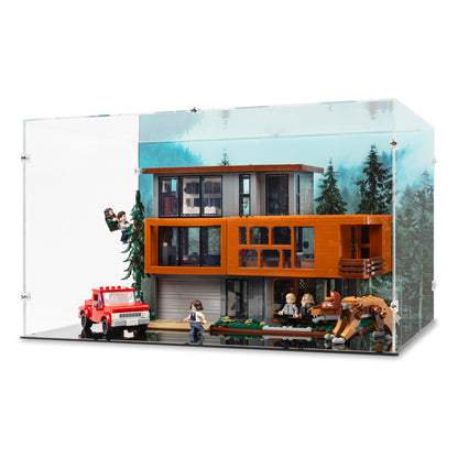 Angled view of LEGO 21354 Twilight The Cullen House Display Case with a UV printed background.