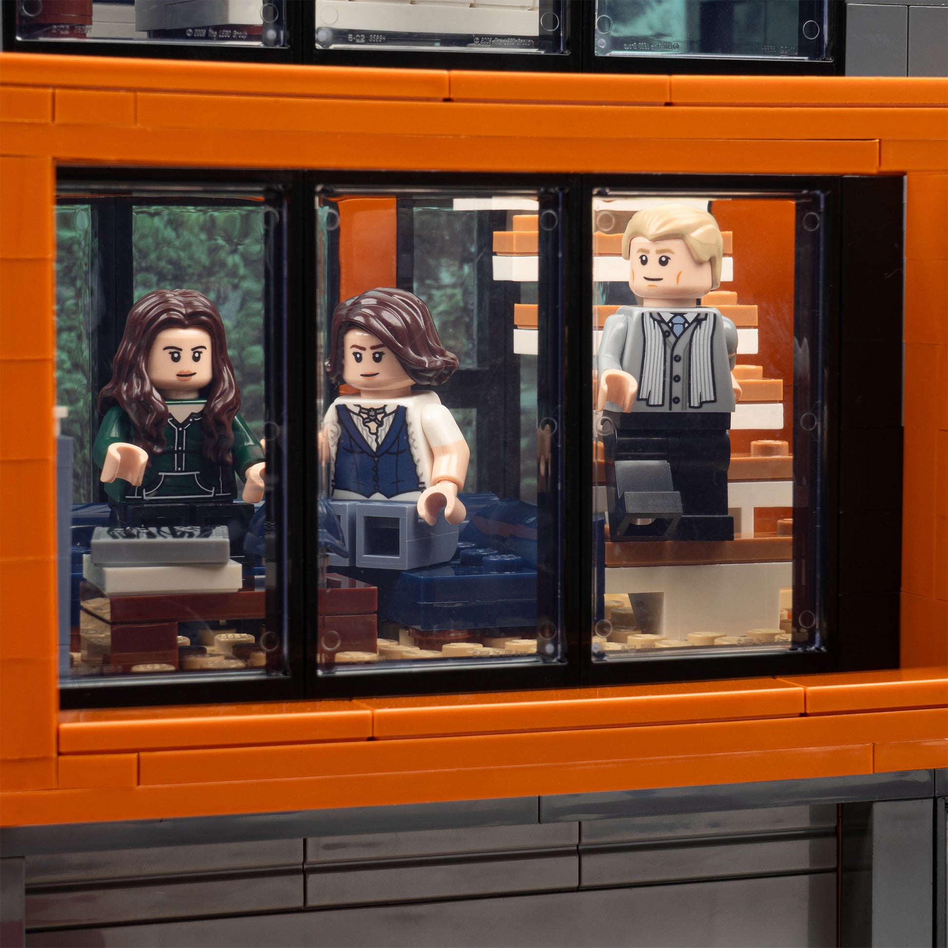 Window detail view of LEGO 21354 Twilight The Cullen House Display Case with a UV printed background.