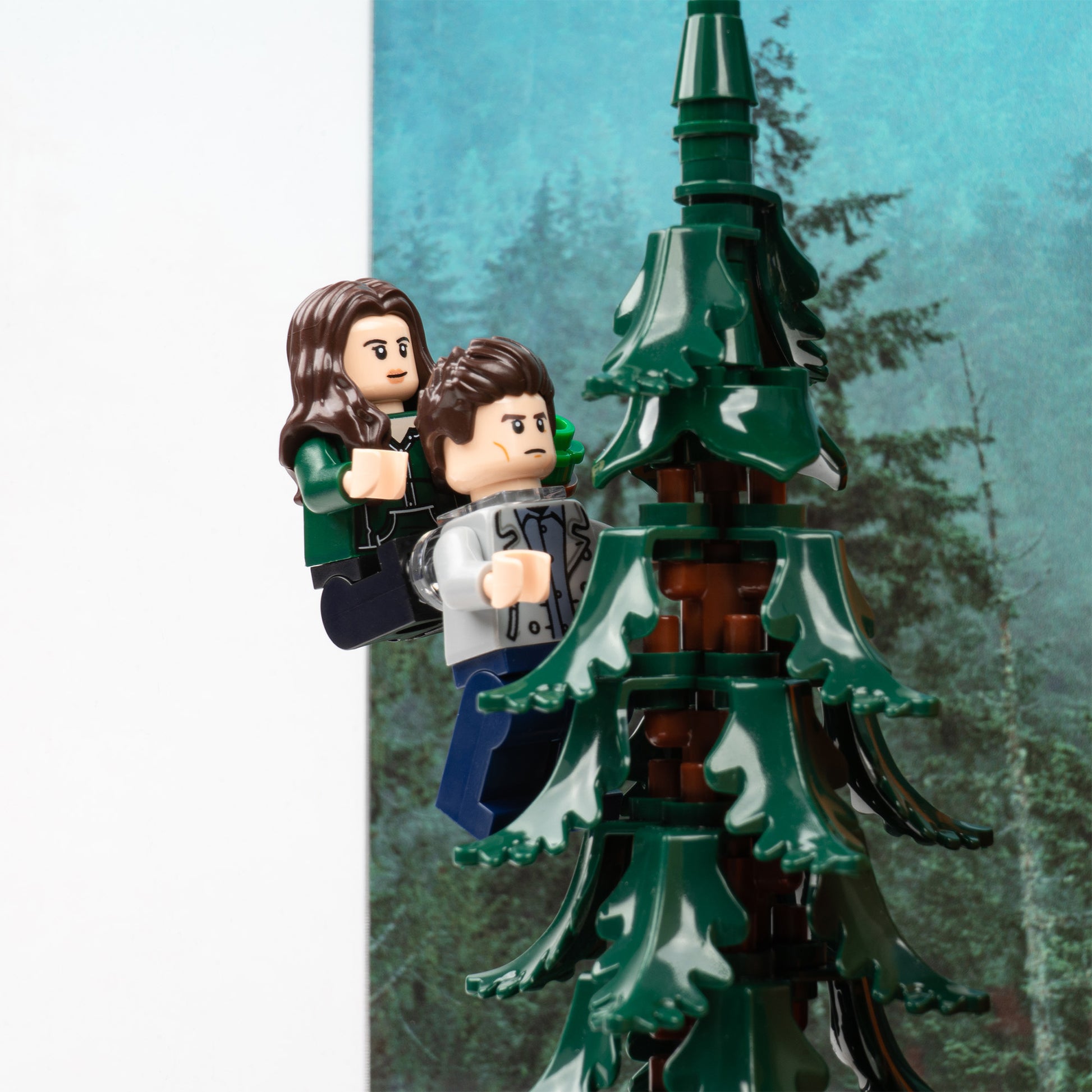 Tree detail view of LEGO 21354 Twilight The Cullen House Display Case with a UV printed background.