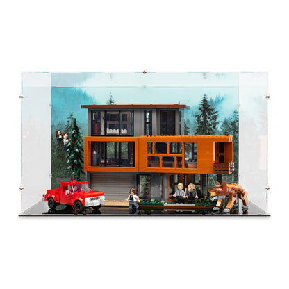 Front view of LEGO 21354 Twilight The Cullen House Display Case with a UV printed background.