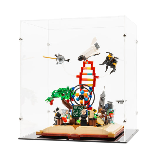 Angled view of LEGO 21355 The Evolution of STEM Display Case.
