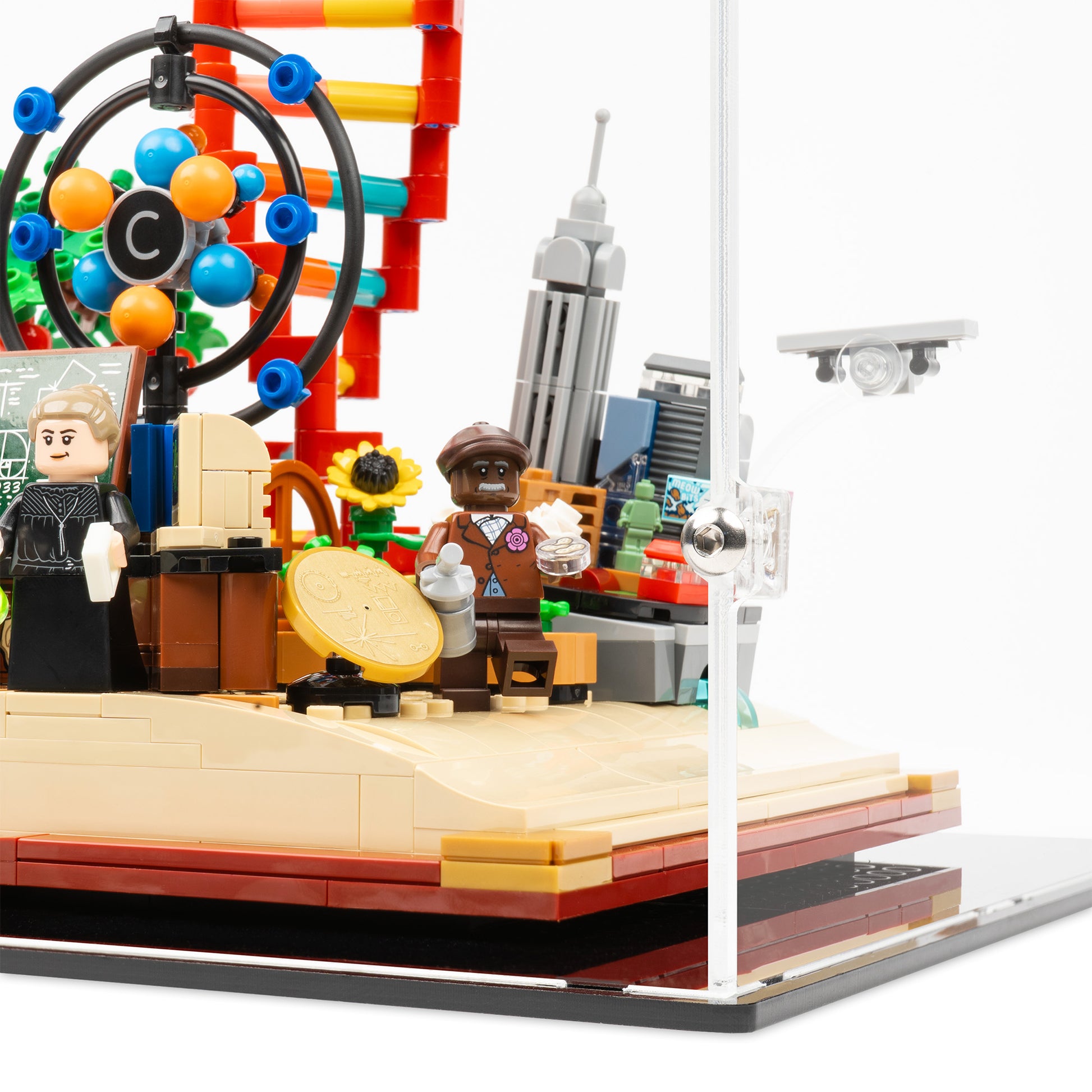 Fitting detail view of LEGO 21355 The Evolution of STEM Display Case.