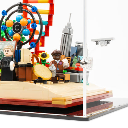 Fitting detail view of LEGO 21355 The Evolution of STEM Display Case.