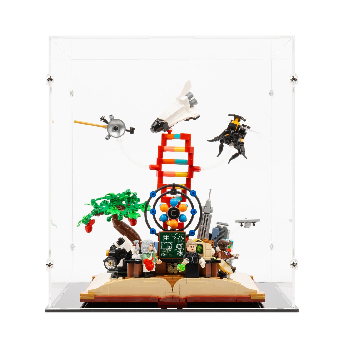 Front view of LEGO 21355 The Evolution of STEM Display Case.