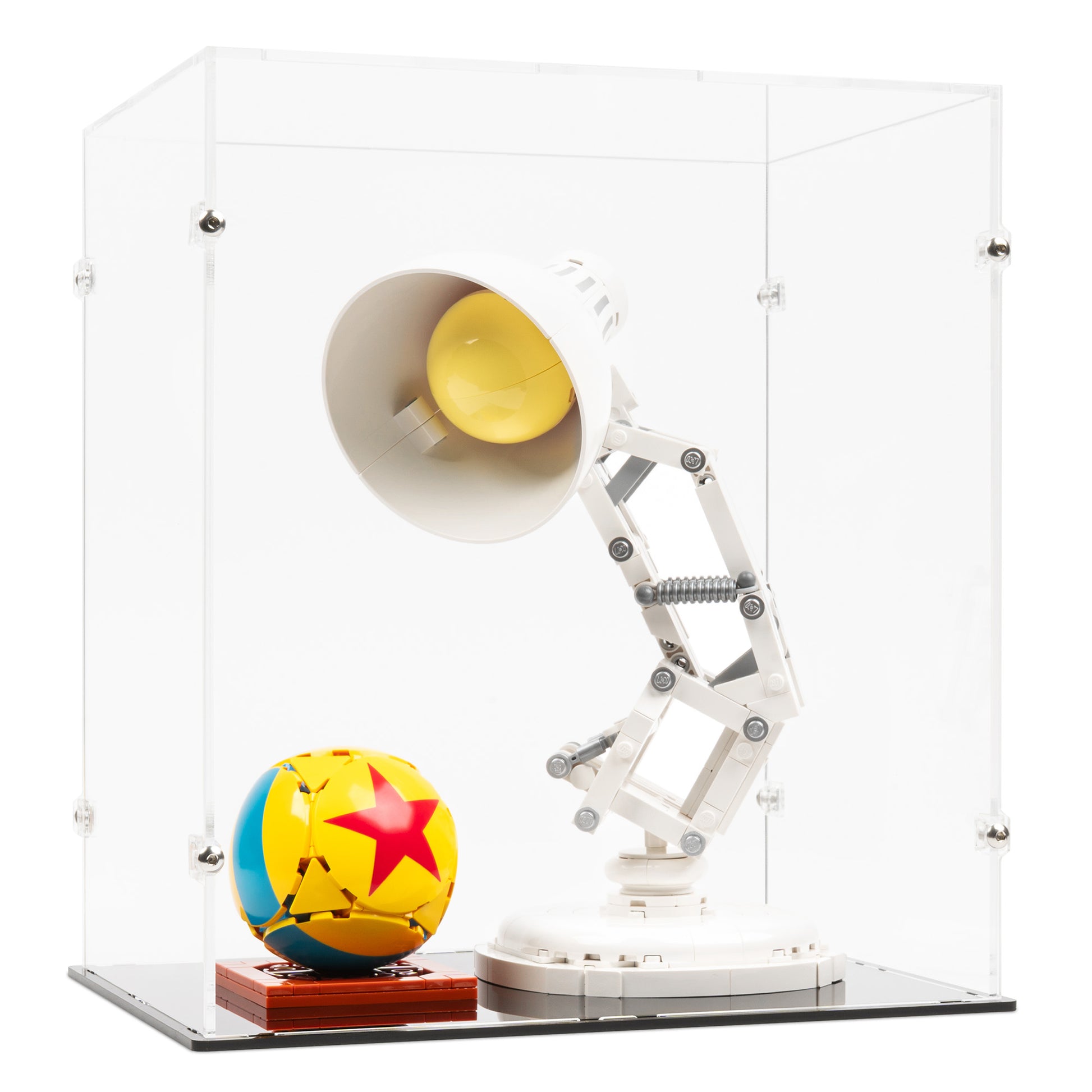Angled view of LEGO 21357 Disney Pixar Luxo Jr Display Case.
