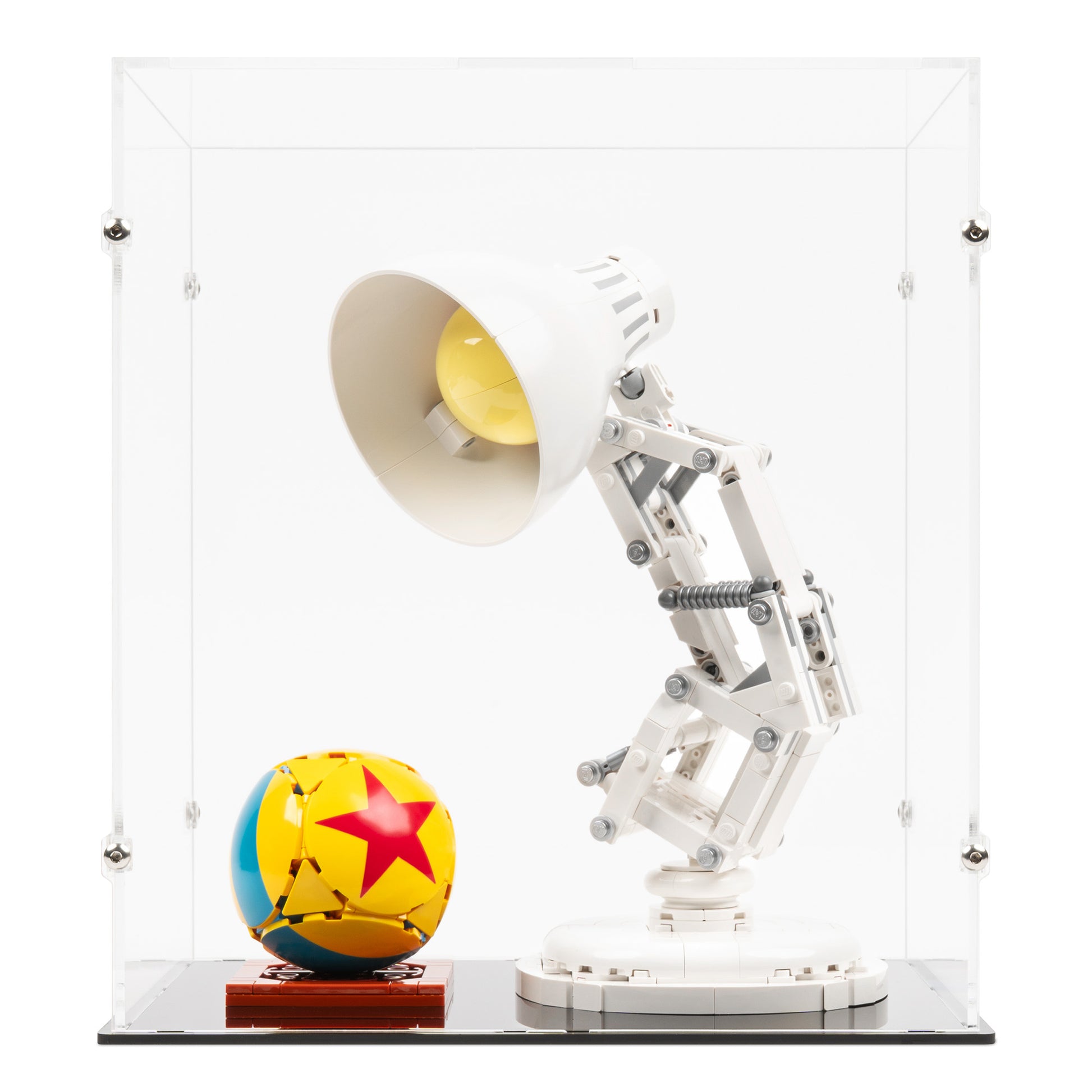 Front view of LEGO 21357 Disney Pixar Luxo Jr Display Case.