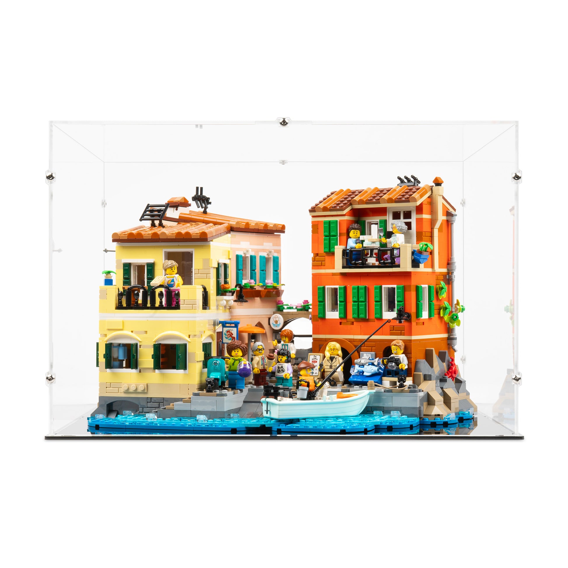 Front view of LEGO 21359 Italian Riviera Display Case.