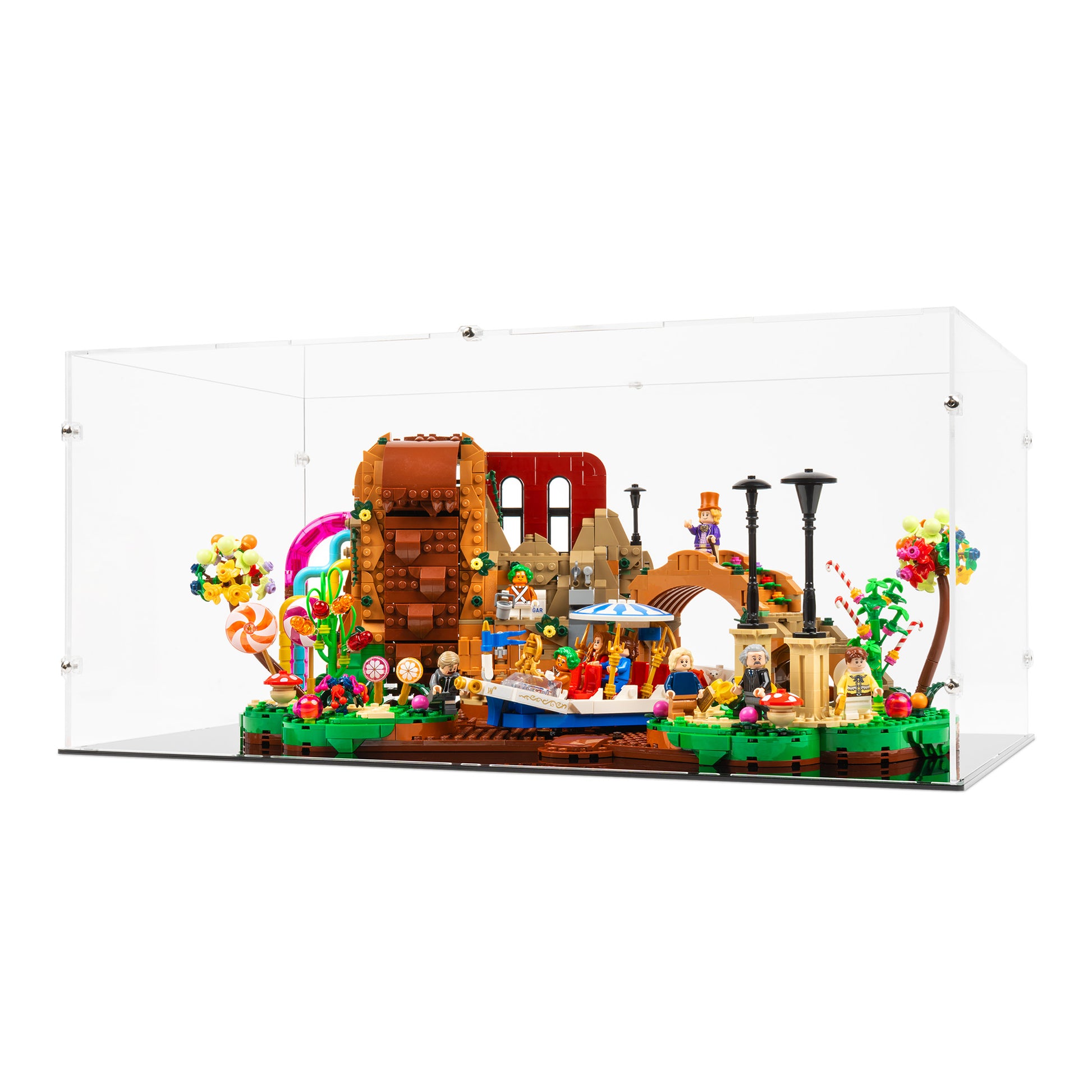 Angled view of LEGO 21360 Willy Wonka and the Chocolate Factory Display Case.