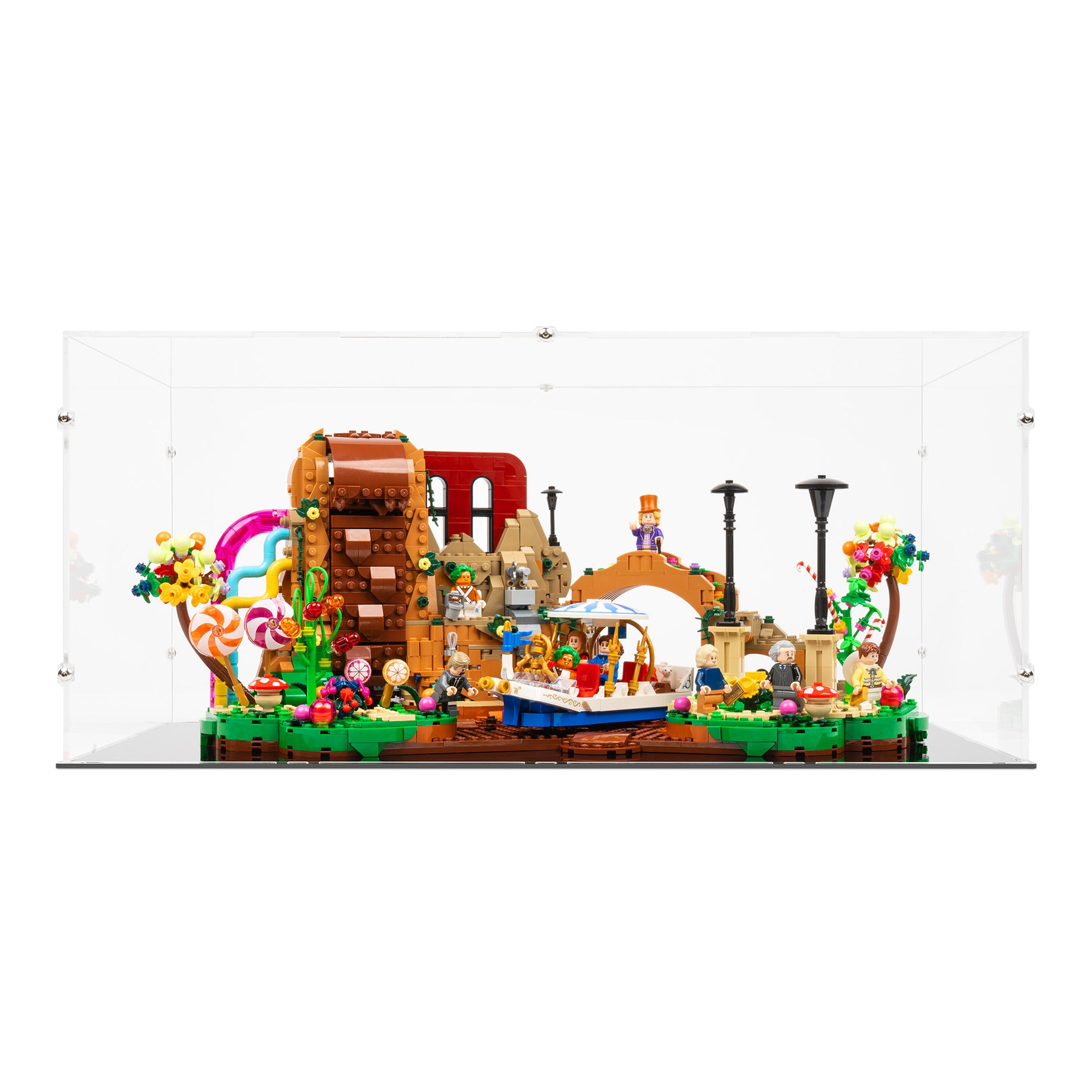 Front view of LEGO 21360 Willy Wonka and the Chocolate Factory Display Case.