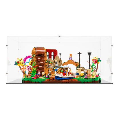Front view of LEGO 21360 Willy Wonka and the Chocolate Factory Display Case.