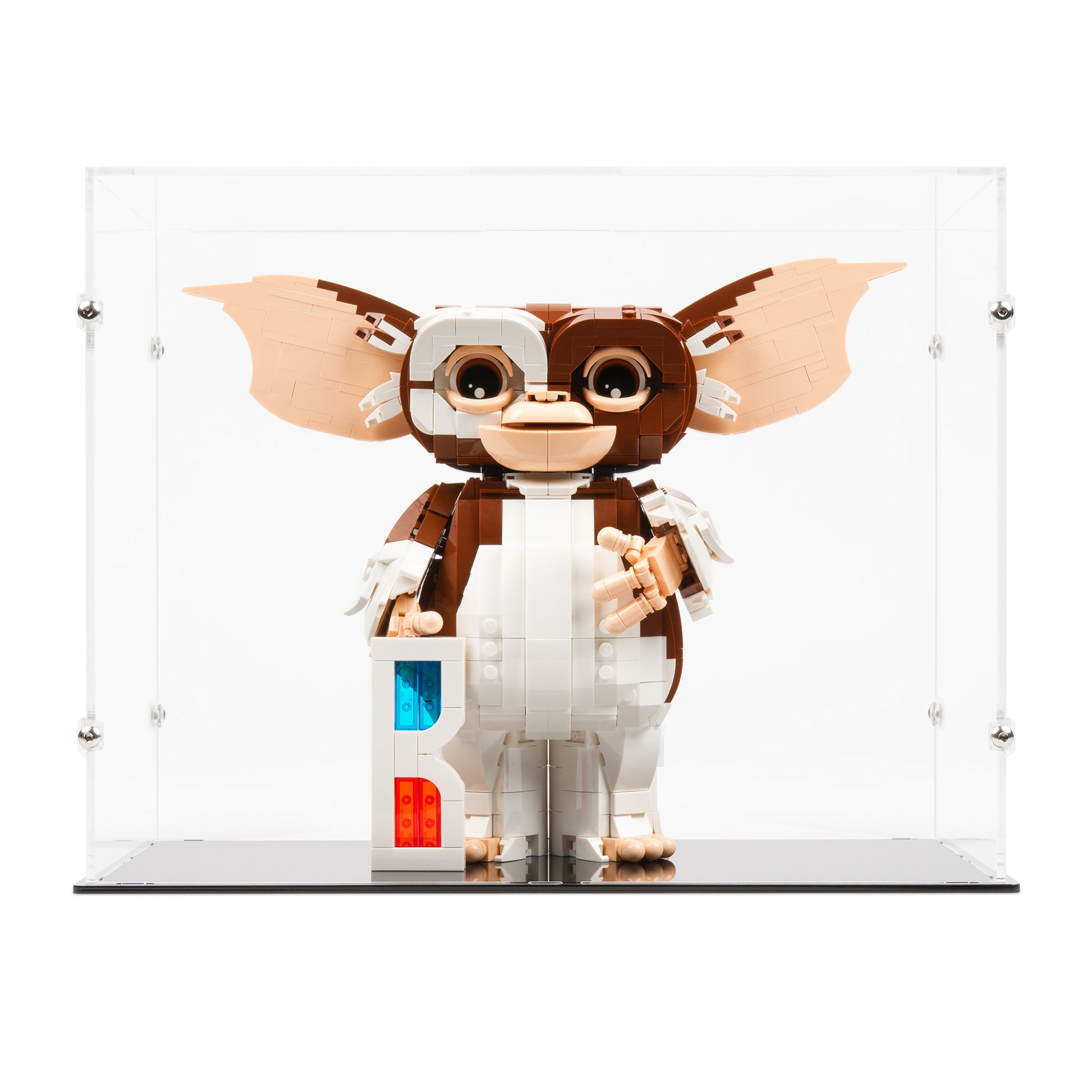 Front view of LEGO 21361 Gremlins Gizmo Display Case.