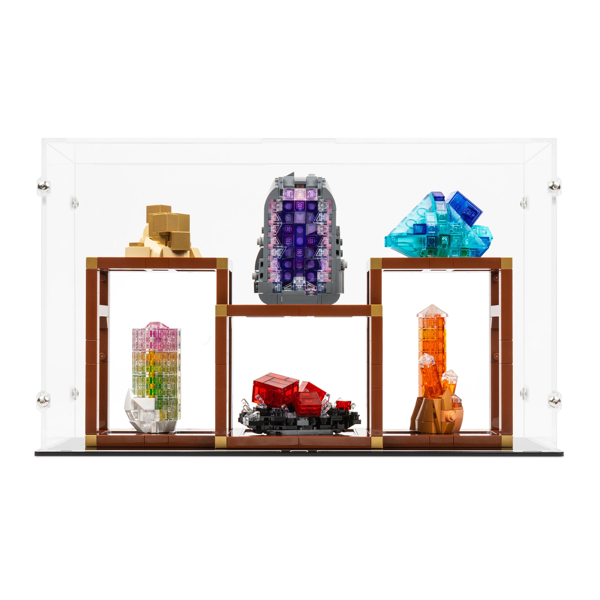 Front view of LEGO 21362 Mineral Collection Display Case.