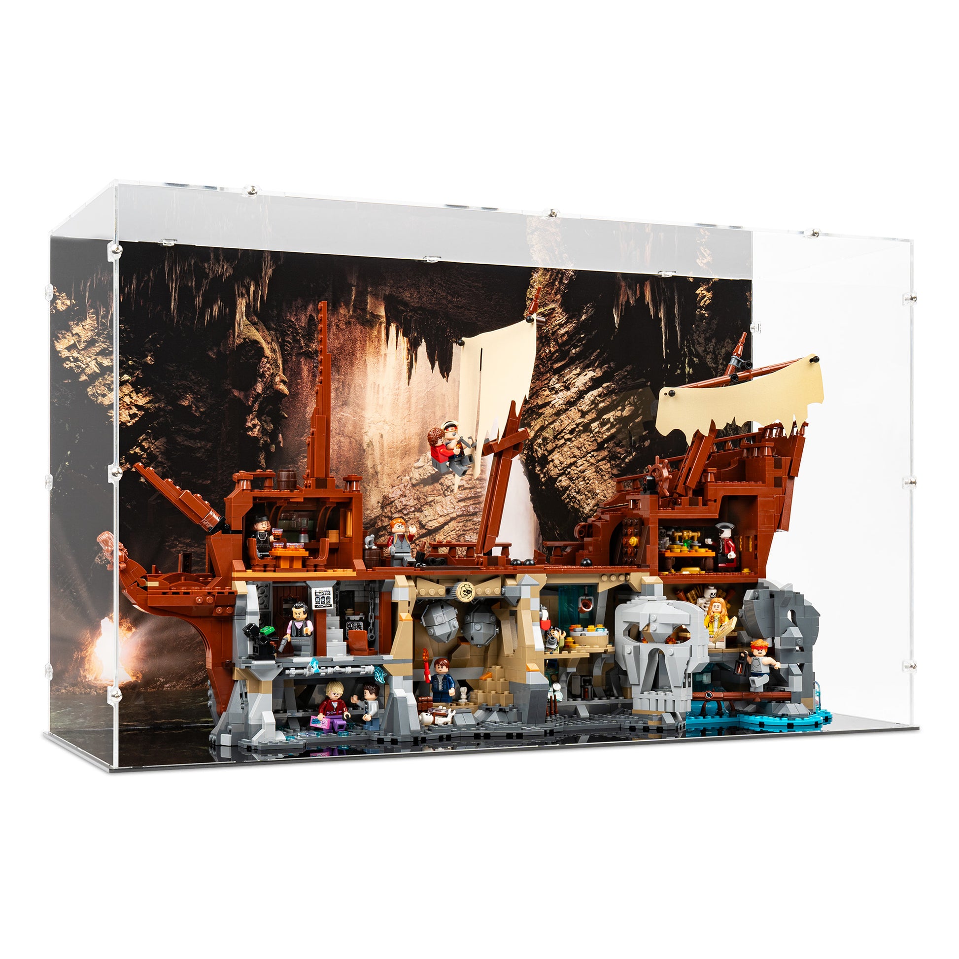 Angled view of LEGO 21363 The Goonies Display Case with a UV printed background.
