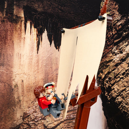 Mast detail view of LEGO 21363 The Goonies Display Case with a UV printed background.