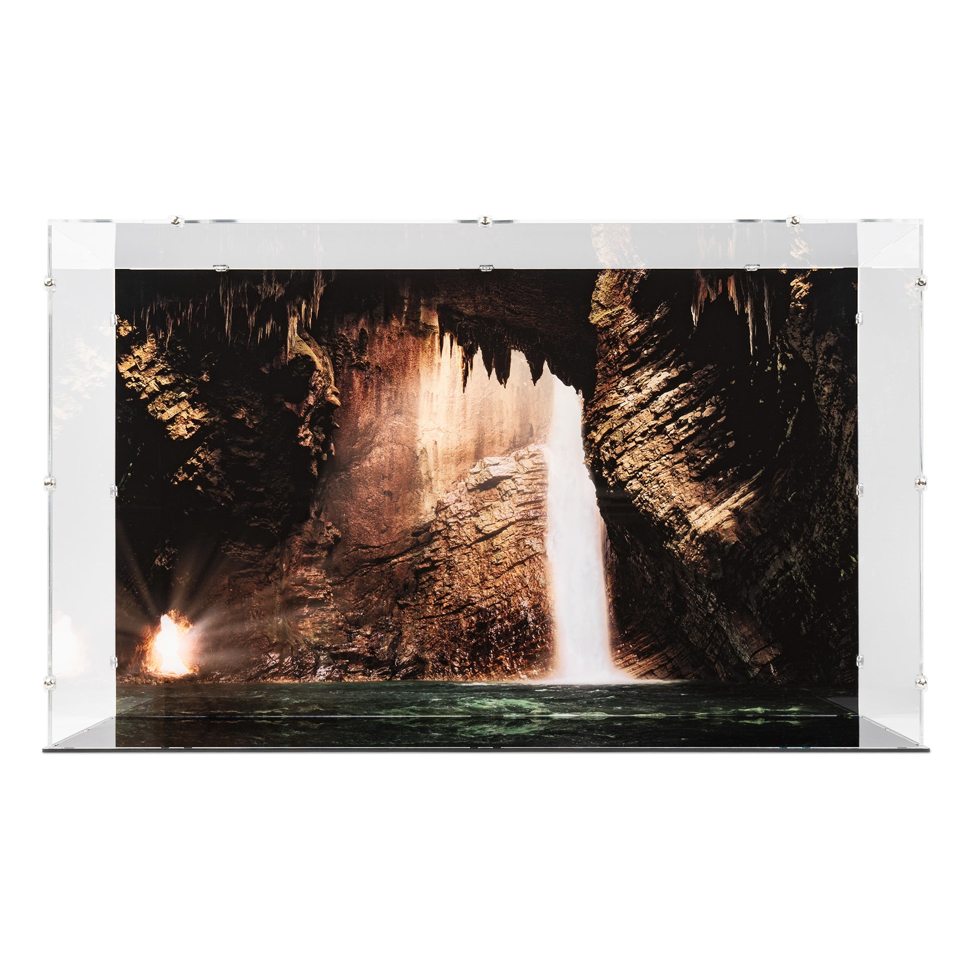 Front view of empty LEGO 21363 The Goonies Display Case with a UV printed background.