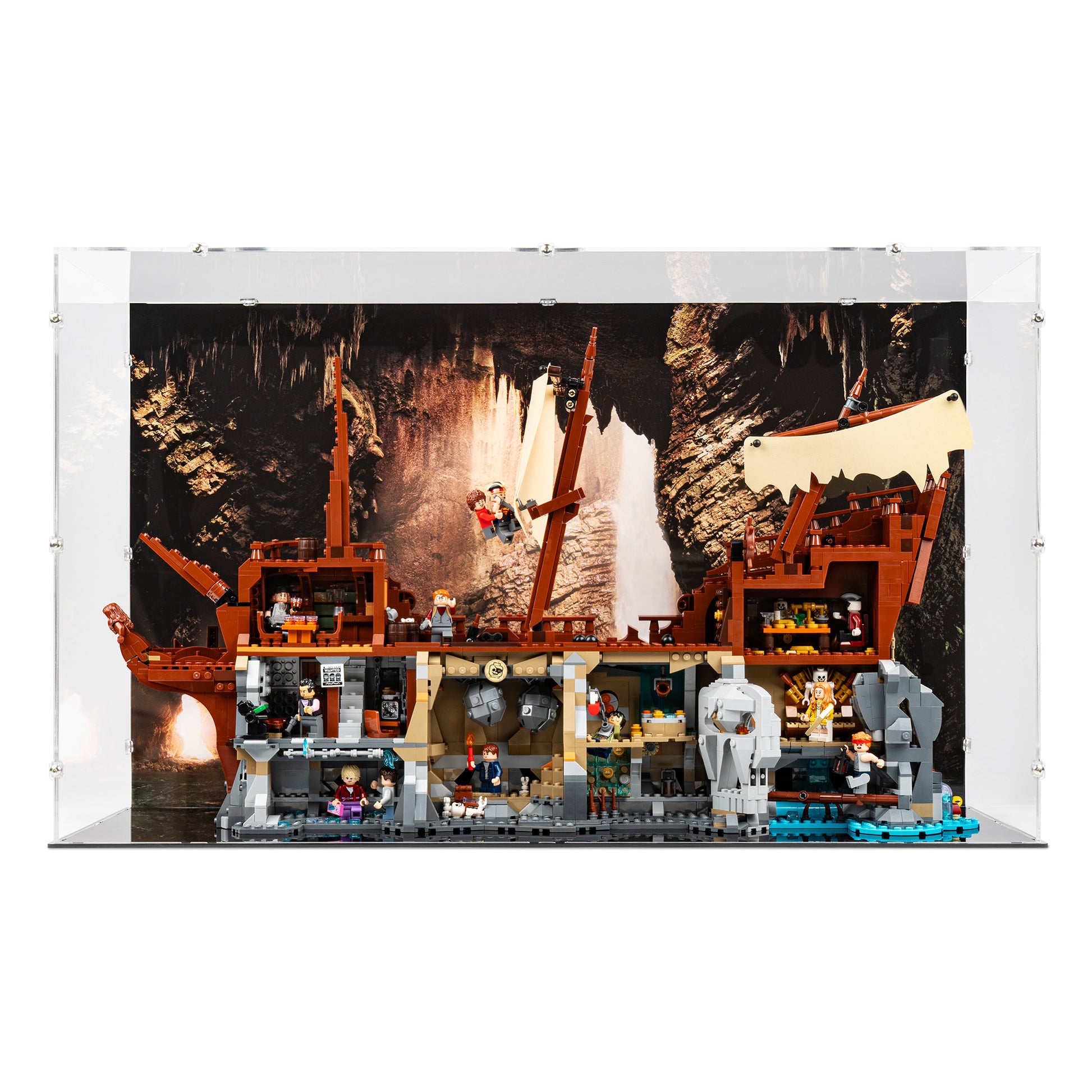 Front view of LEGO 21363 The Goonies Display Case with a UV printed background.