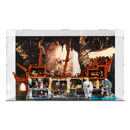 Front view of LEGO 21363 The Goonies Display Case with a UV printed background.