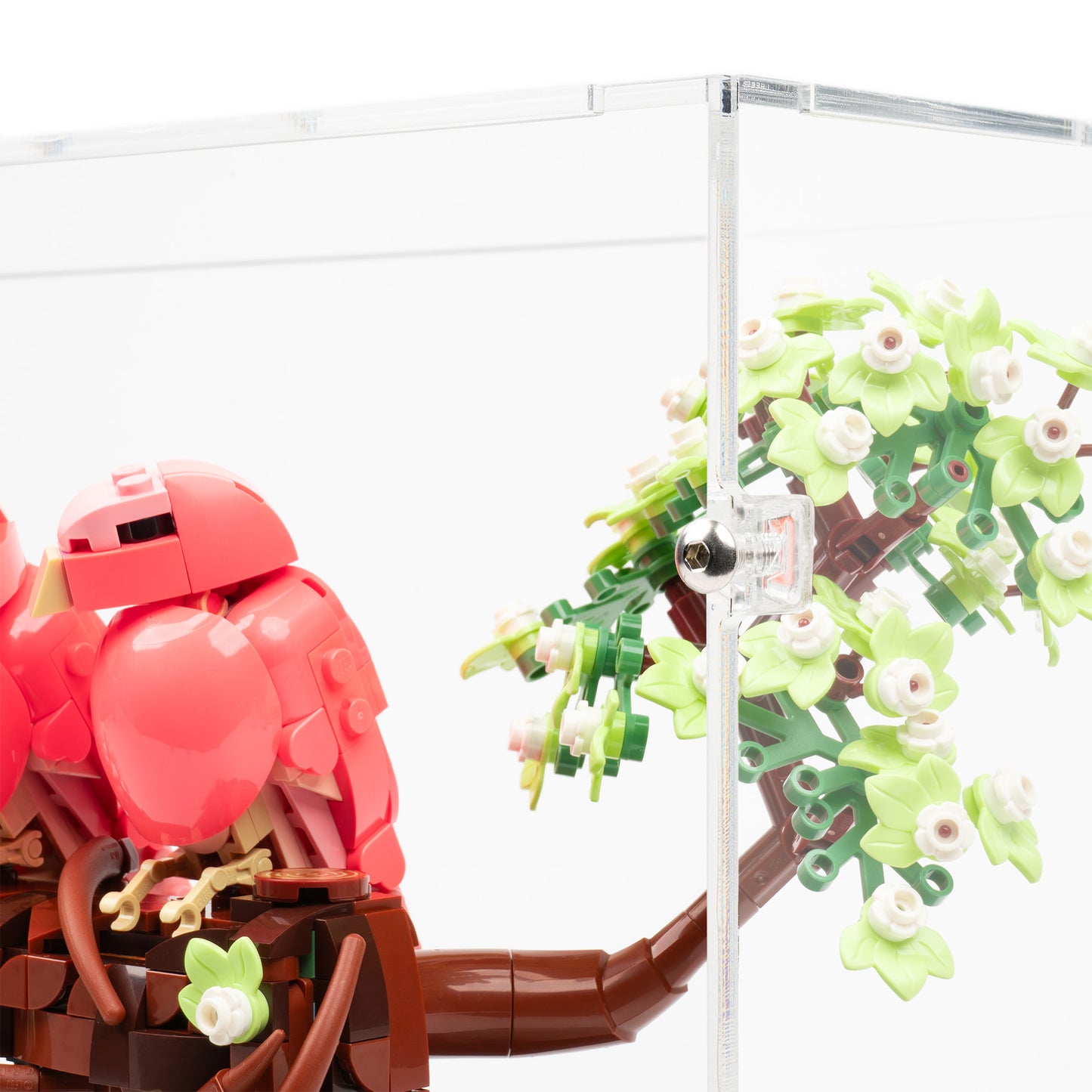 Top fitting detail view of LEGO 21365 Love Birds Display Case.