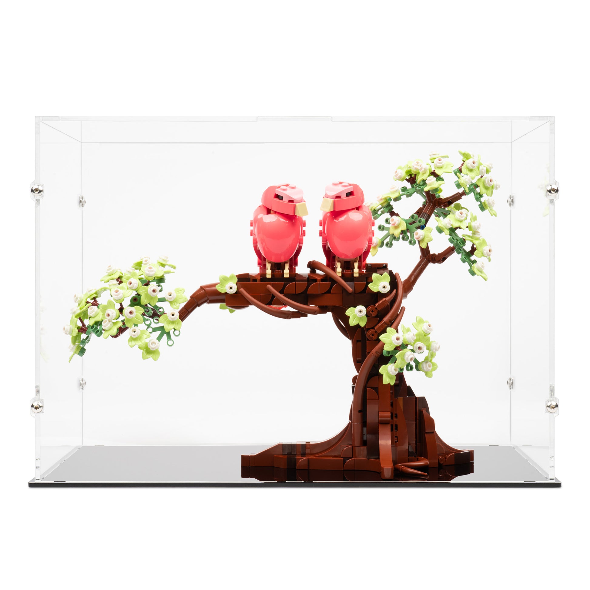 Front view of LEGO 21365 Love Birds Display Case.