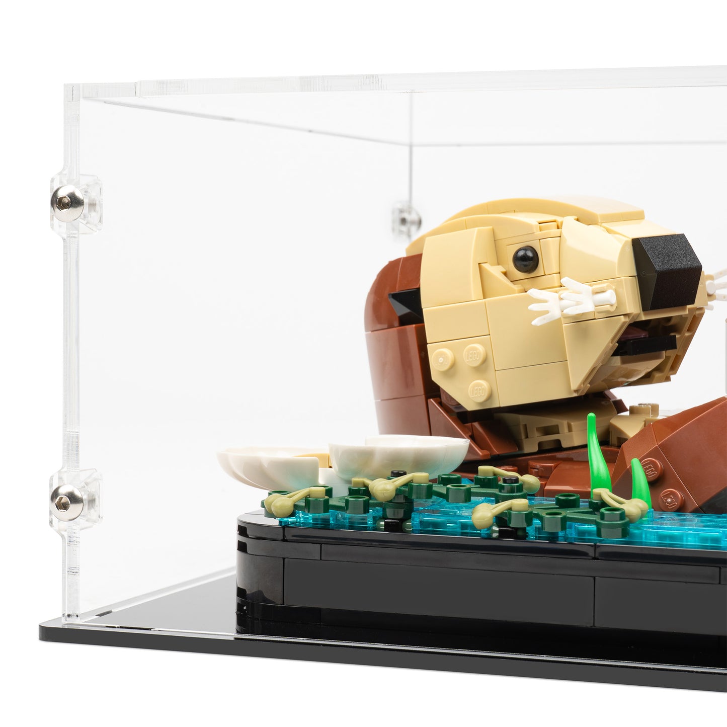 Left fitting detail view of LEGO 21366 Floating Sea Otters Display Case.
