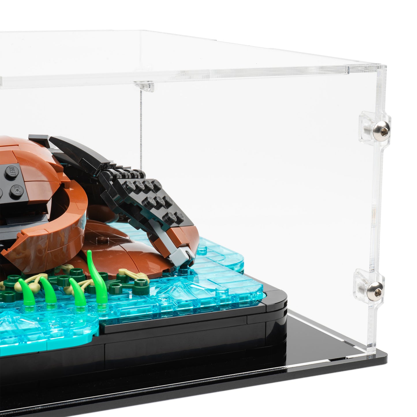 Right fitting detail view of LEGO 21366 Floating Sea Otters Display Case.