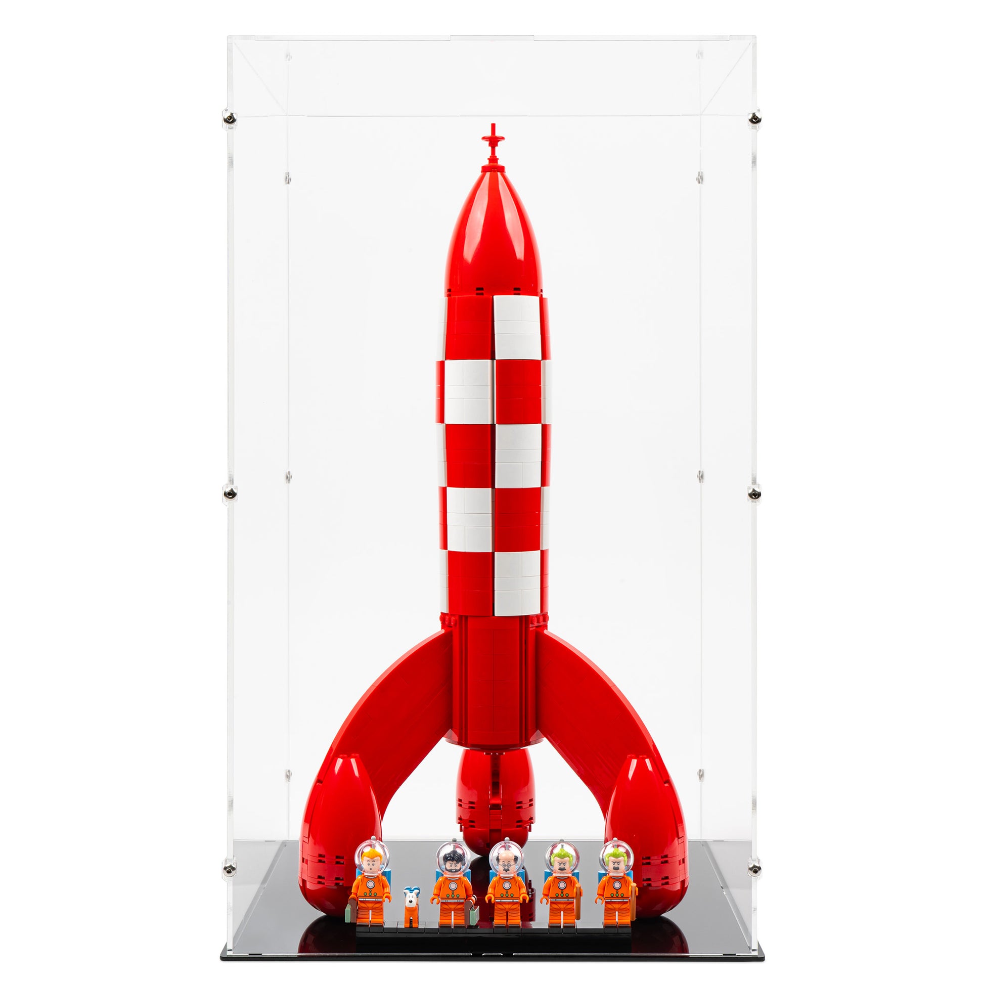 Front view of LEGO 21367 Tintin Moon Rocket Display Case.