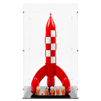 Front view of LEGO 21367 Tintin Moon Rocket Display Case.