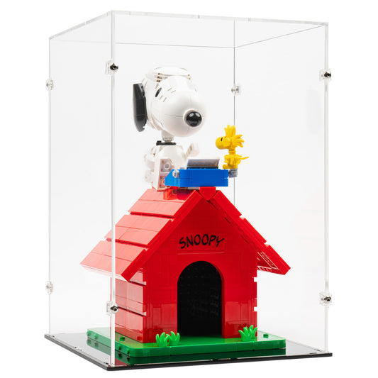Angled view of LEGO 21368 Peanuts Snoopy's Doghouse Display Case.