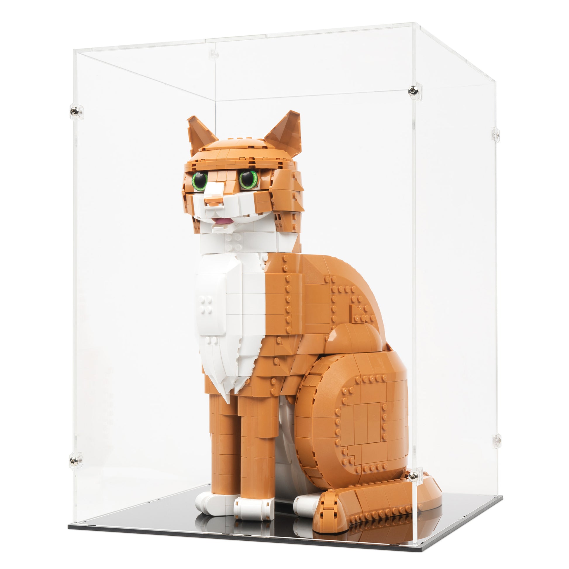 Angled view of LEGO 21376 Orange Cat Display Case.