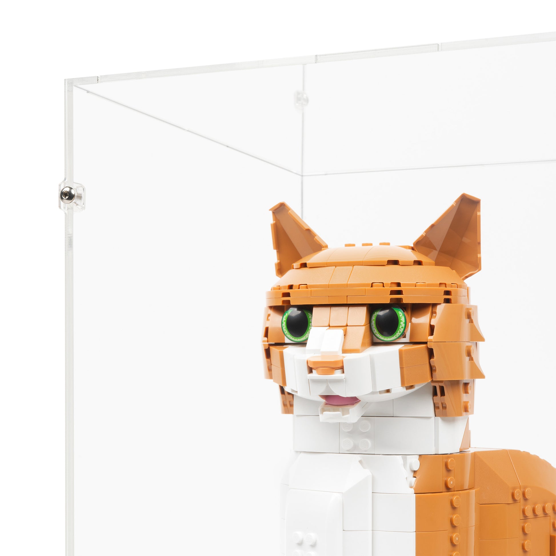 Left fitting detail view of LEGO 21376 Orange Cat Display Case.