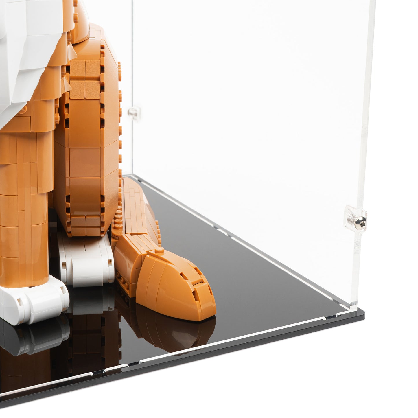 Right fitting detail view of LEGO 21376 Orange Cat Display Case.